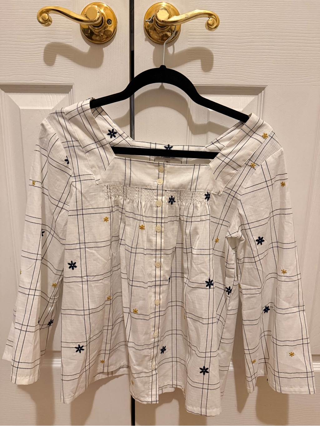 Madewell White Button-Front Top With Navy Embroidery